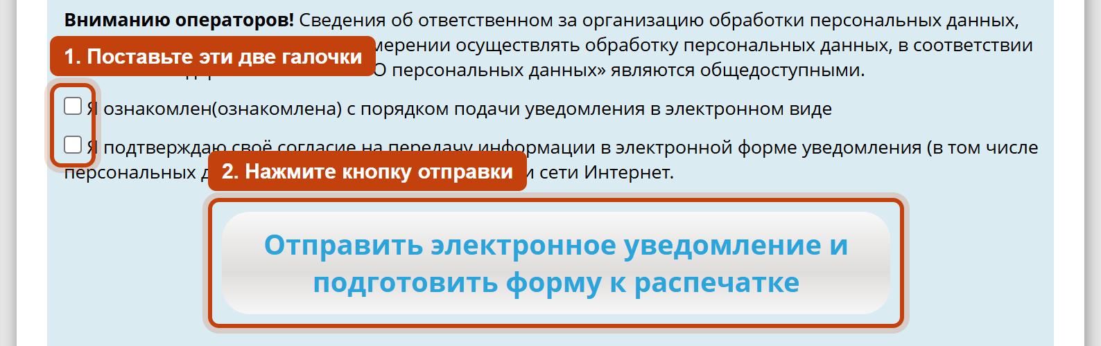 Низ формы РКН: обведены две галочки согласия и кнопка отправки